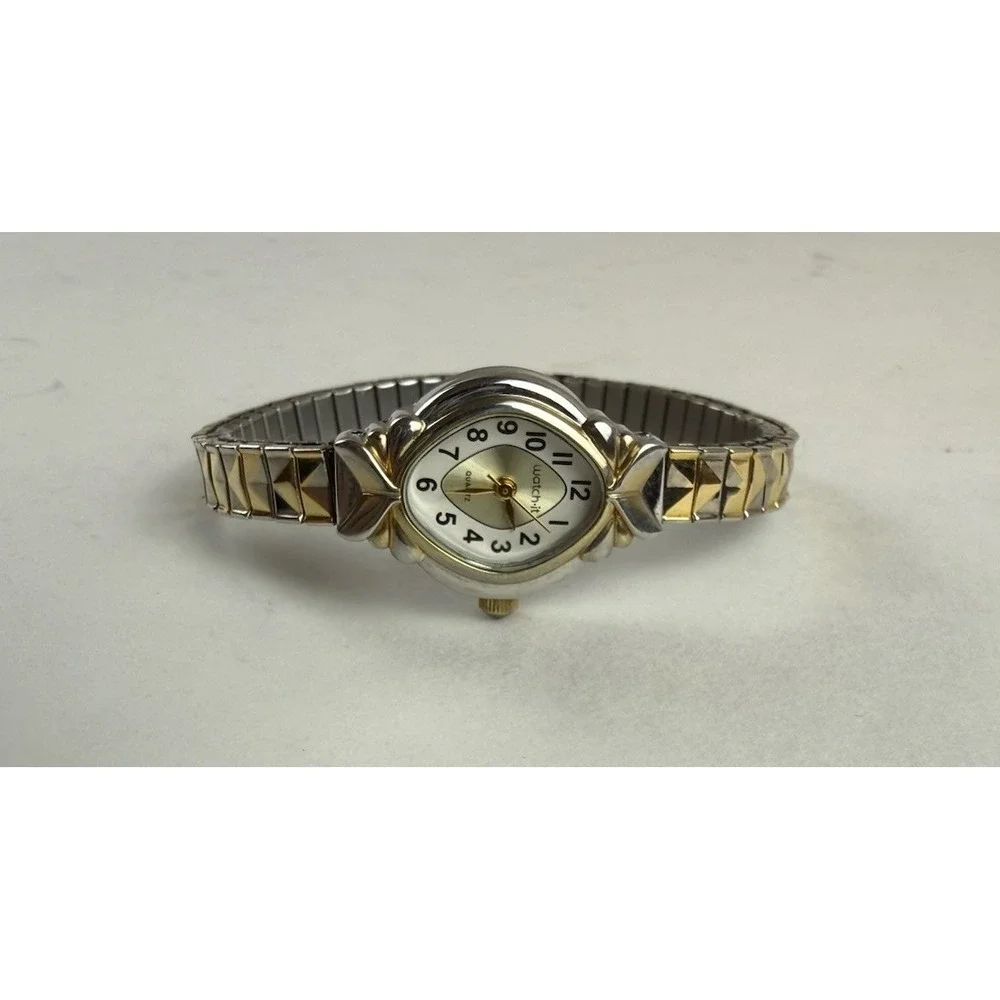 Watch It 90s Vintage Gold Silver 2 Tone Oval Quartz Stretch Band Bracelet Watch